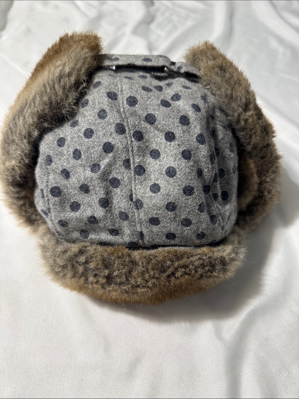 NWOT Barts Kids Kamikaze Trapper Winter Hat Gray Polka Dot Faux Fur Ear Flap Hat